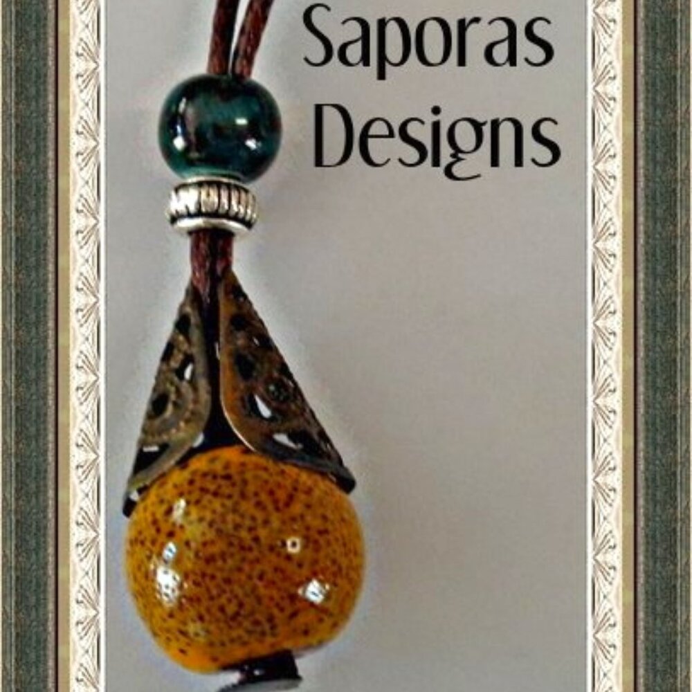 Handmade Necklace With Green & Brown Bead & Brown Leather Chain